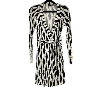 Tart Black & White Geometric Print Wrap Dress Womens XS Long Sleeve Mini Jersey